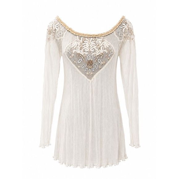 Free People Tops - Free People Ivory Shift Tunic Top Beaded Mesh Boho Fairy Whimsy Regency Princess